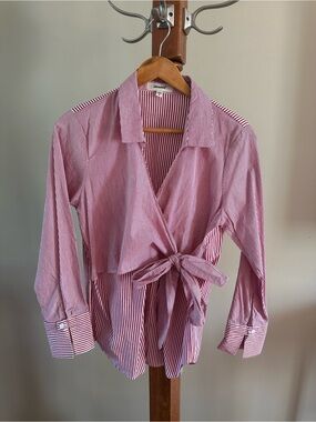 Jak & Rae Striped Tie-Front Button Shirt — Red & White